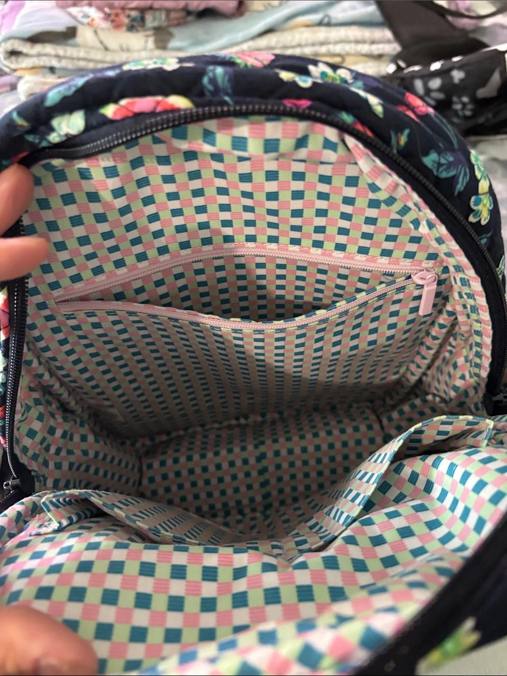 Vera Bradley Black Quilted MINI Backpack with Pink & Red Fruit Floral Print